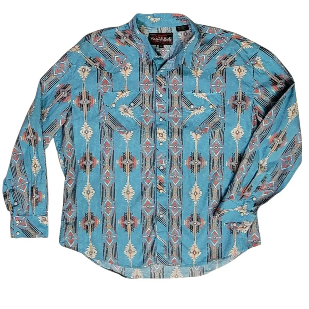 Western Cowboy Pearl Snap Front Aztec 100% Cotton Shirt Men's XXL
